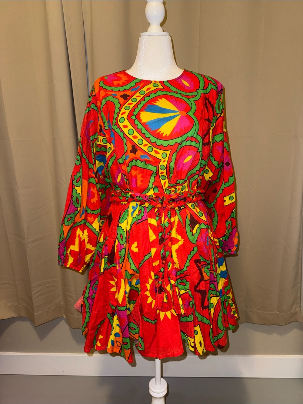 RHODE Red Multicolor Long-Sleeve Tie-Waist Mini Dress